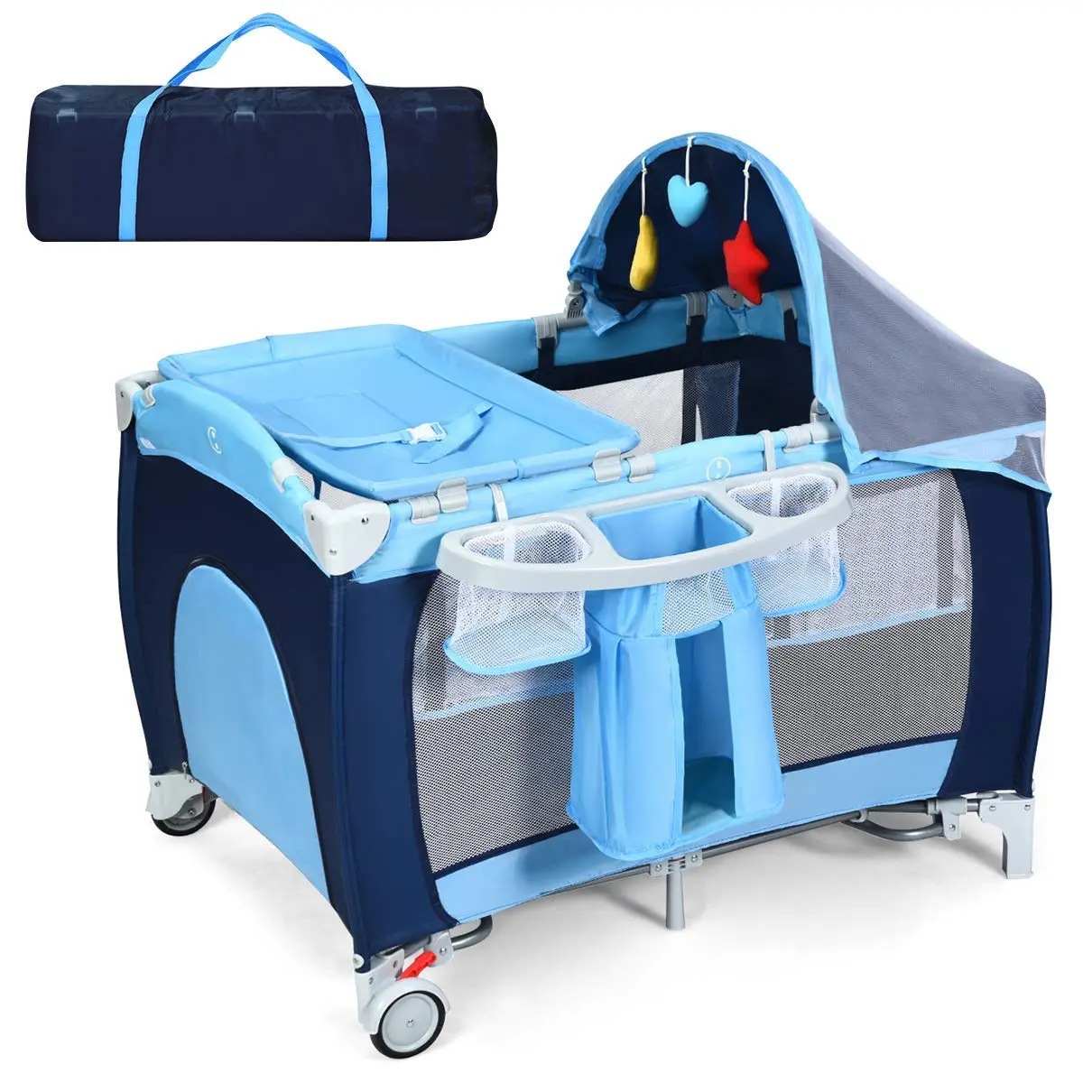Pack and Play with Bassinet, 4-in-1 Portable Baby Playard w/Changing Table, Net & Cute Toys, Diaper Storage Bag, Music Box, Wheels with Brake, Foldable Newborn Play Yard w/Carry Bag