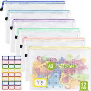 Mesh Zipper Pouch Bags: Clear Zipper Pouches for Classroom, Plastic Mesh Bag for Board  Puzzles Storage, A3  Organizing Pouch for School and Office Supplies (17 x 12Inch, 6 count, 6 Color)