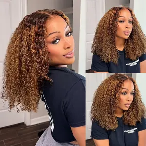 GK Bob Wig Wear and Go Glueless Curly Bob Wig,Ombre Highlight 4/27 Kinkycurly Wigs Pre Cut Transparent Lace Wig human hair Pre Plucked,Natural Hairline for Women 180% Density 12 inch #SummerVibes