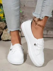 Women's Slip-On Sneakers, Thick Sole PU Leather, Anti-Slip Rubber Sole, Fashionable Casual Shoes, All Seasons, Comfortable and Stylish, Walking Shoes
