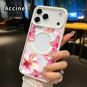 Magnetic Phone Case Supports Wireless Charging for iPhone 17 Pro Max 17 Air Blossoming Hibiscus Grace Pattern Non-Yellowing Shockproof Soft Silicone Transparent Acrylic Cover