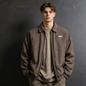 Maillard Brown Plaid Coach Jacket, Minimalist Letter Print, Unisex Casual Jacket