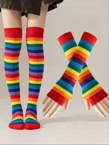 Rainbow Striped over Knee Socks and Gloves Set, Cute Fall & Winter Cosplay Accessories for Teens, Warm Arm Sleeve and Socks for Festive Celebrations