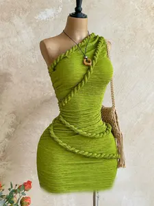 Boho Style Knot Shoulder Mini Dress, Summer Women's Vintage Holiday, Fitted Plain Design, Casual Fashion for Vacation