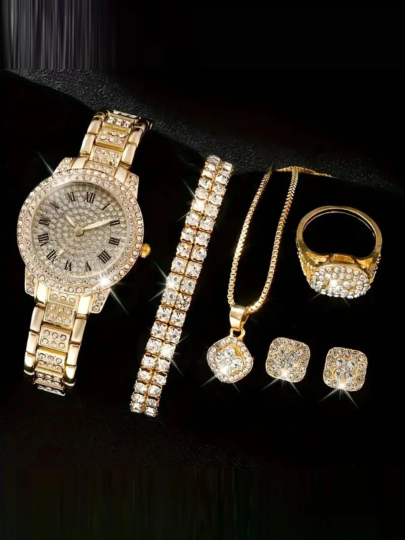 A set of six fashionable and trendy Roman starry sky rhinestone steel strap watches and diamond bracelet for women Analog Watches Quartz Wristwatch Modern Fashionable Wristwatch