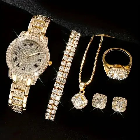 A set of six fashionable and trendy Roman starry sky rhinestone steel strap watches and diamond bracelet for women Analog Watches Quartz Wristwatch Modern Fashionable Wristwatch Fashion Wristwatches