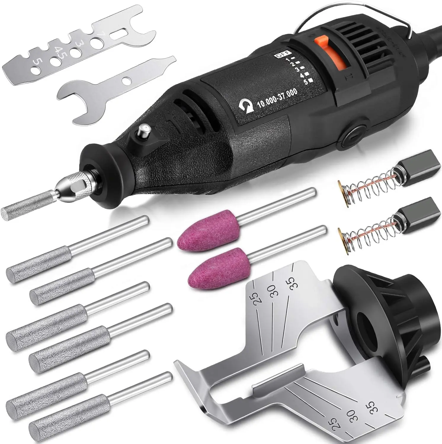 Electric  Sharpener Kit 180W Power Chain  Sharpen Tool Set with 6  Sharpening Wheels, Angle Attachment, Wrench for Sharpening Outdoor Gardening Tool 5 Speed Setting, 8000~35000 RPM