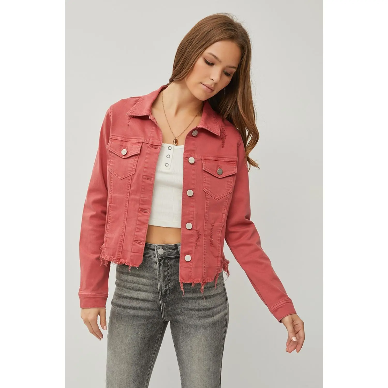 RISEN Full Size Raw Hem Button Up Cropped Denim Jacket Plus Size