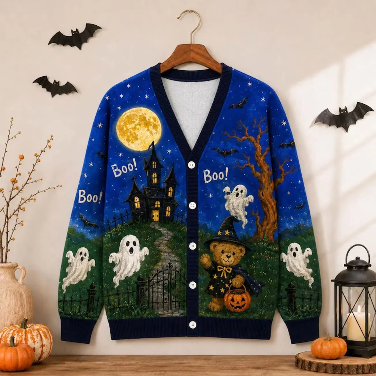 Royal Blue Halloween Cardigan Jacket, Haunted House Ghosts, Witch Bear Moonlit Pumpkin Scene