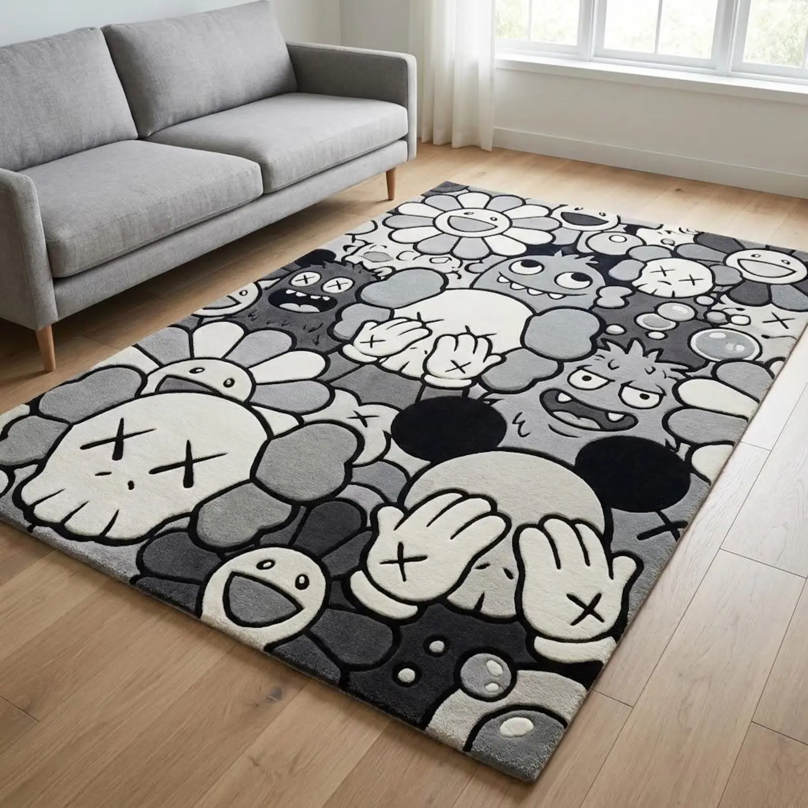 KAWS Inspired Hand Tufted Rug, Large Modern Abstract Grey Black Cream Area Rug, Luxury Hypebeast Home Decor, Custom Size 8x10, 9x12, 10x14