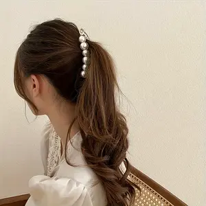 Elegant Large Acrylic Banana Clip with Faux Pearl Detail - Chic Water Drop Shape, Solid Color Hair Accessory for Women
