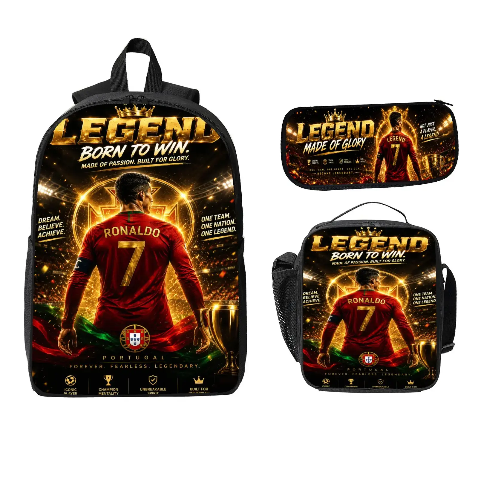 Back to School 2026 Legend 7 Soccer Backpack 3 PCS Set for Boys Teens, Ronaldo #7 Bookbag with Insulated Lunch Box and Pencil Case, Elementary Middle High School Student Bag, Sports Fan Birthday Gift