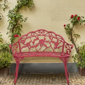 Outdoor Cast Aluminum Patio Bench for Garden Porch Antique Rose Vintage Style Weather Resistant Durable Red Finish
