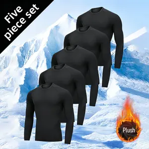Men's 5-Piece Plush Thermal Fuzzy Set - Full-Zip Tight-Fitting Fleece-Like Base Layer, Compression Tops with Flame Logo, Jersey Shirts for Winter Running, Gym Sports,summerwins