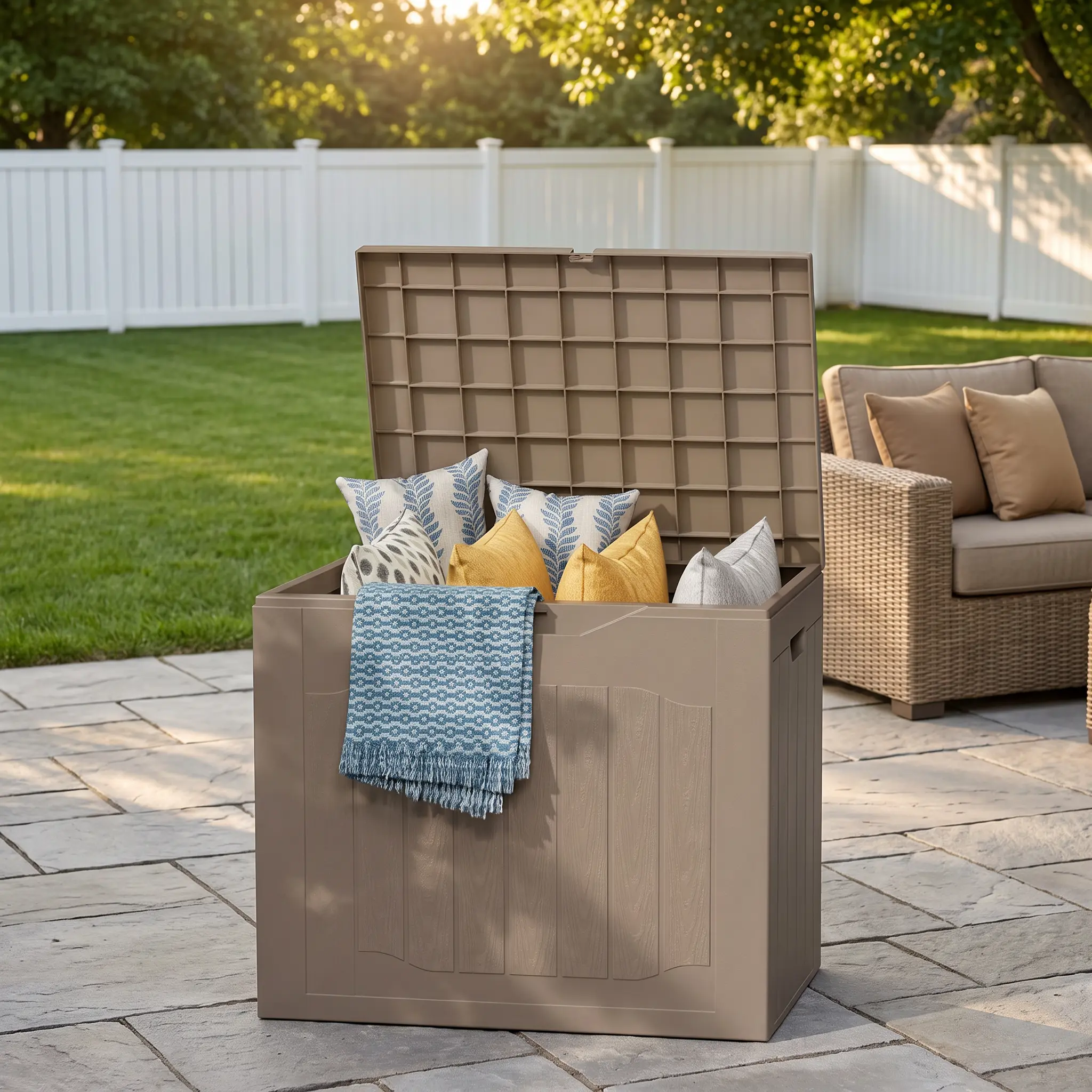 Max4out 35‑Gal Heavy‑Duty Resin Deck Storage Chest, Weather‑Proof Outdoor Organizer Bin with Lockable Lid & Reinforced Side Handles, Ideal for Backyard, Patio, Camping and Garden Equipment Storage #Summervibes