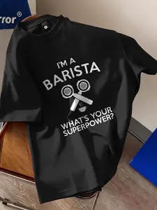 "i'm a Barista" Coffee Barista Print T-Shirt, Unisex Oversize Casual Long Sleeve, Summer Streetwear, Random Pattern, Plain Surface
