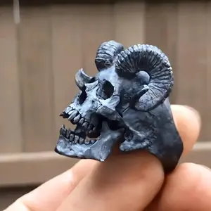 1pc Vintage Steampunk Satan Devil Goat Skull Ring for Men - Gothic Punk Jewelry with Intricate Horns & Teeth Detailing, Durable Metal Construction for Motorcycle Rock Biker Hiphop Style Accessories, Edgy Fashion Accessory, Dark Aesthetic Accessory