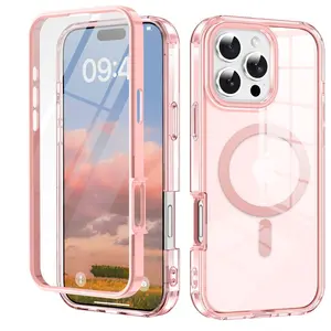 For iPhone 17 16 15 14 13 Pro Max Plus Air Full Body Shockproof Case with Magnetic Built-in Screen Protector Transparent