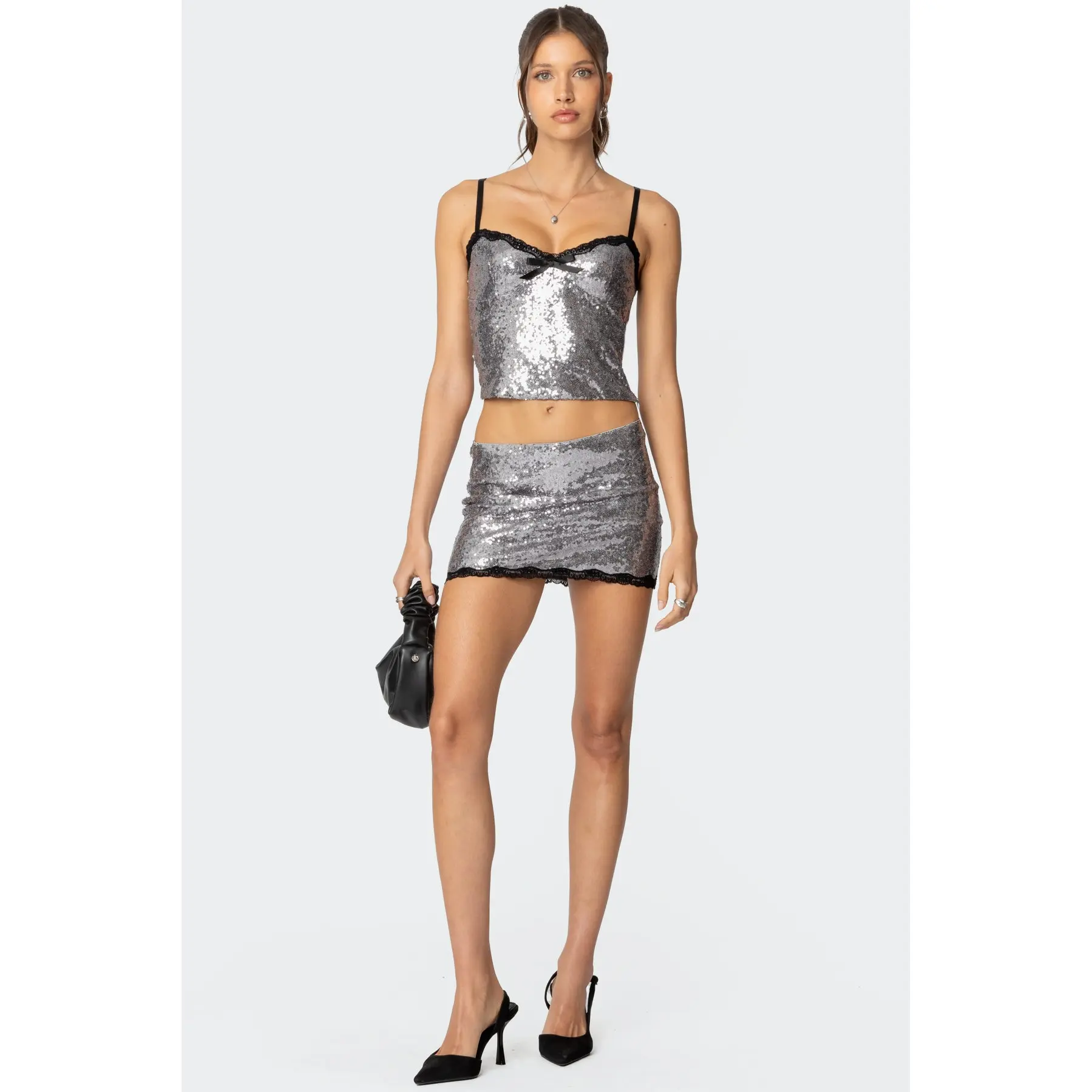 Revel Lace Trim Sequin Mini Skirt Revel Lace Trim Sequin Mini Skirt