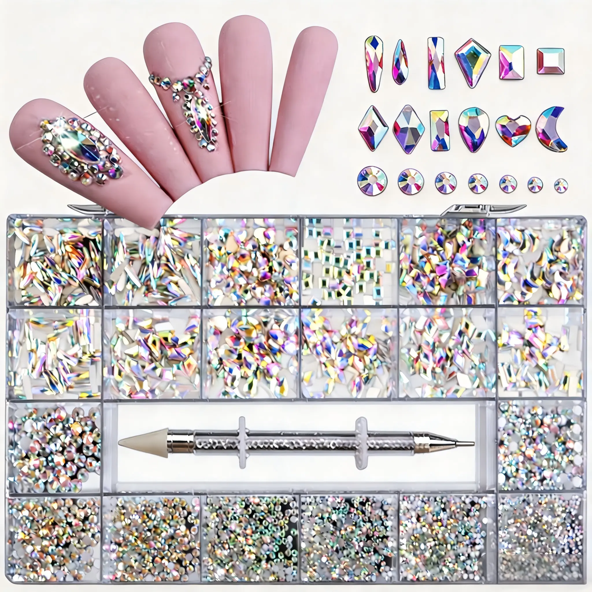 Nail Art Rhinestones Set, 12 Types of 600 Crystal AB Diamonds + 2500 Flatback Stones + 20 Styles 3D Ornaments + Drill Pen for DIY Crafts