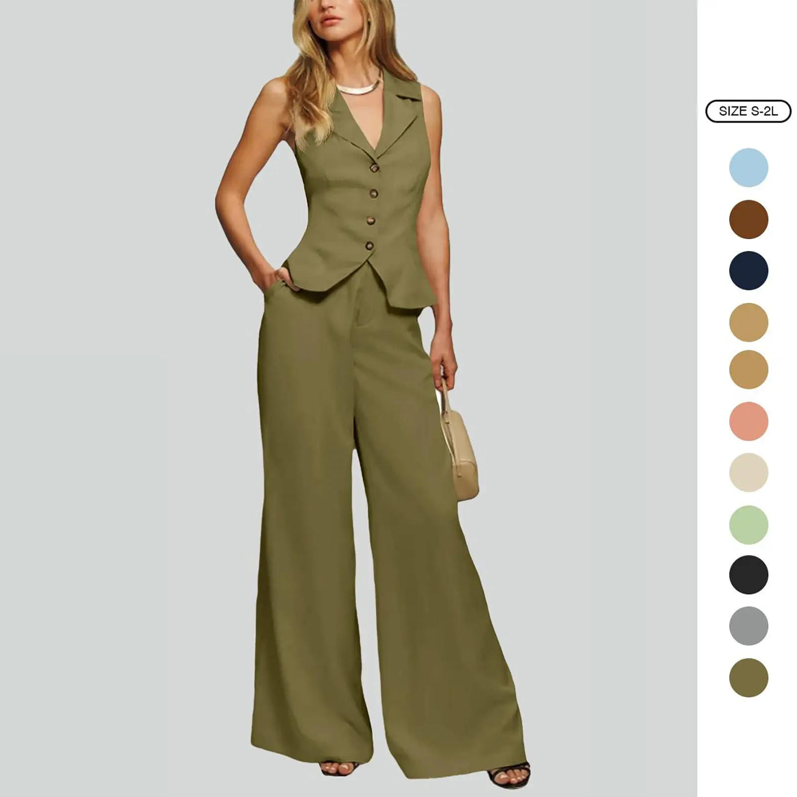 Imily Bela Womens Vest Sets Summer 2 Piece Outfits Button Crop Blazer Vest and Wide Leg Pant Suits