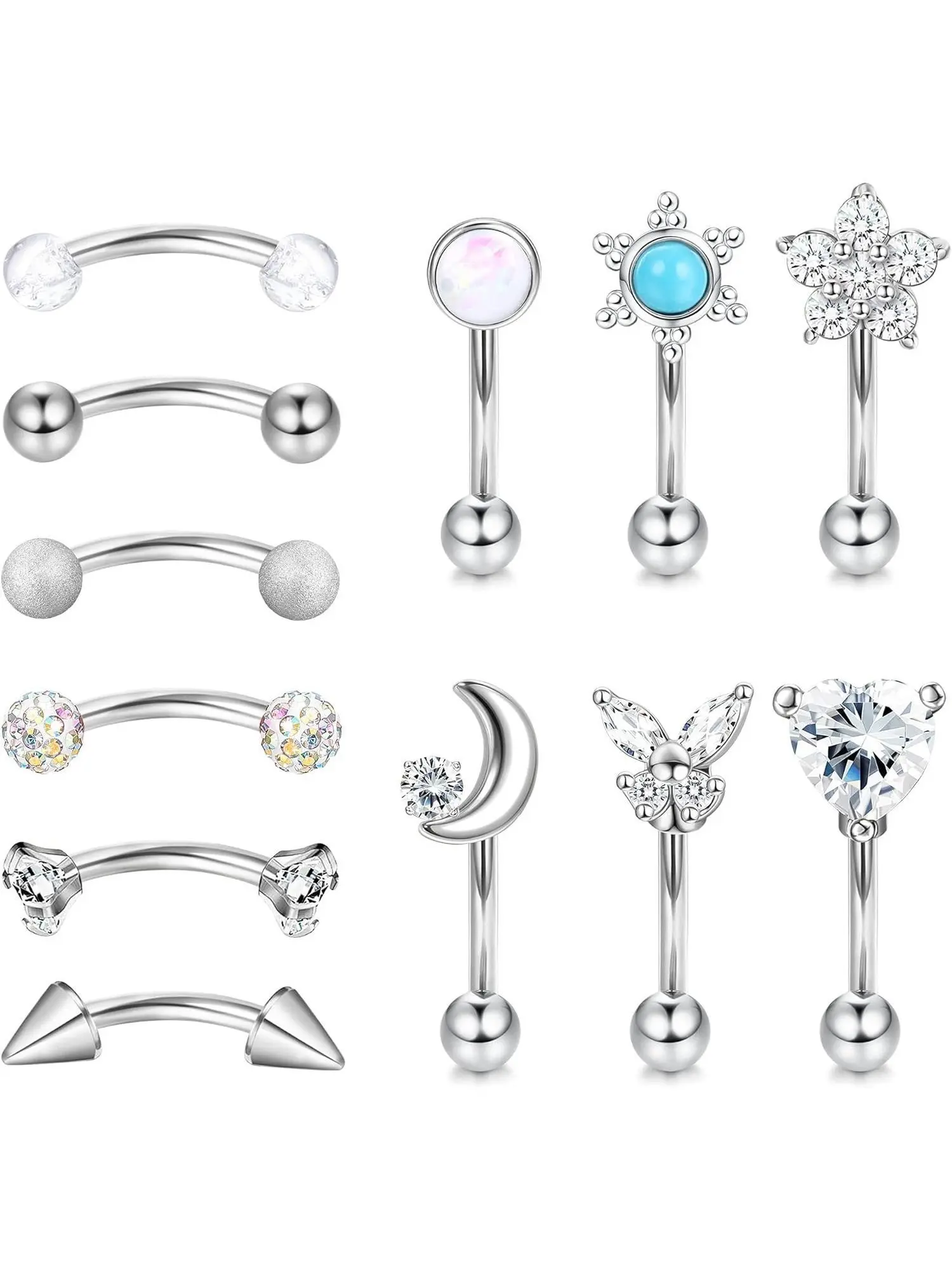 12 Pcs Silvery Diverse 316L Stainless Steel Body Piercing Jewelry Set 16G Rook Daith Earrings for Women Men Eyebrow Rings Curved Barbell Lip Belly Rings Shining CZ Opal Turquoise Cartilage Tragus Piercing Jewelry