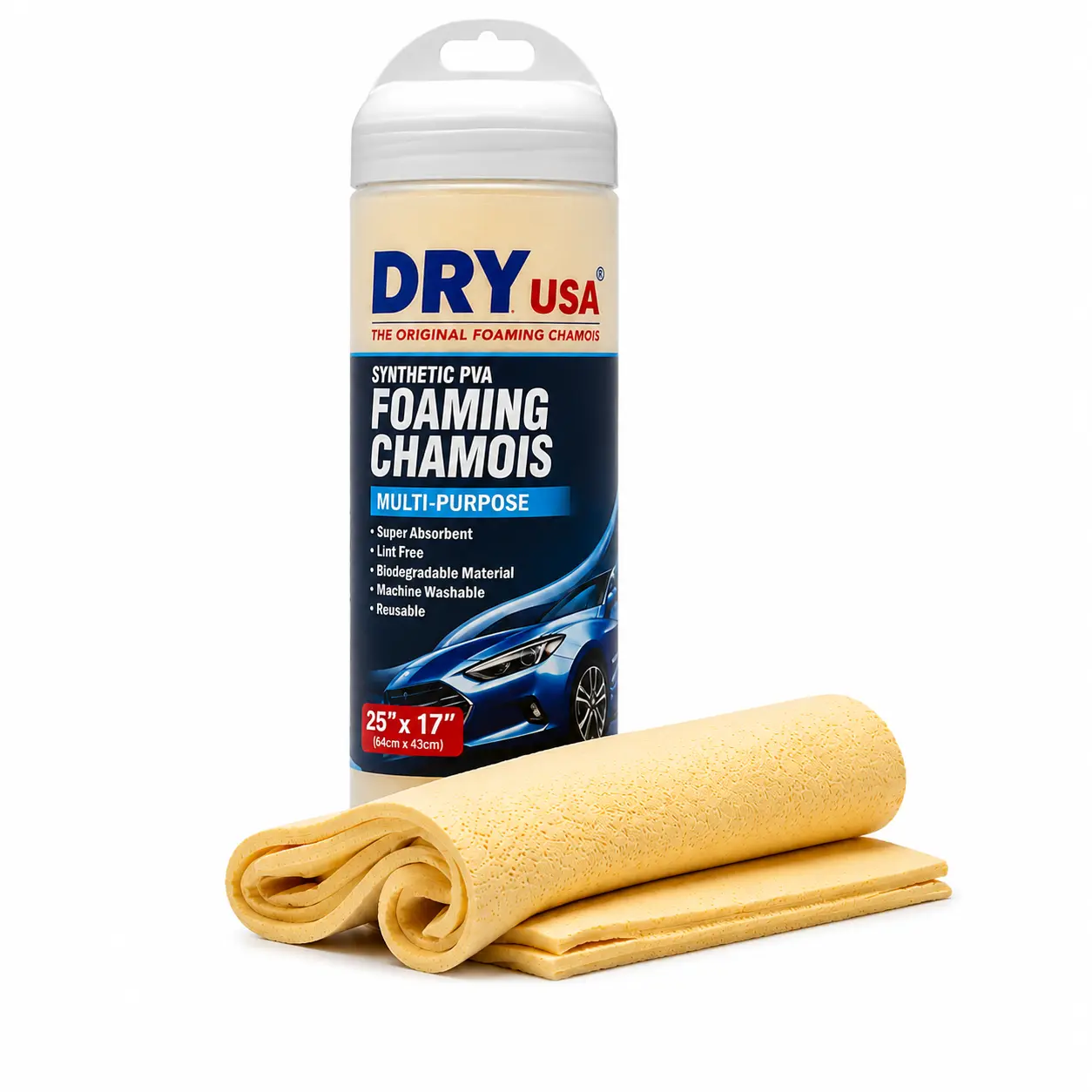 PVA Foam Chamois Cloth - 1 Chamois, Durable Flexible Biodegradable Synthetic Rectangle Towel for All Vehicles, Cars, Boats, 25x17 in (64x43 cm)