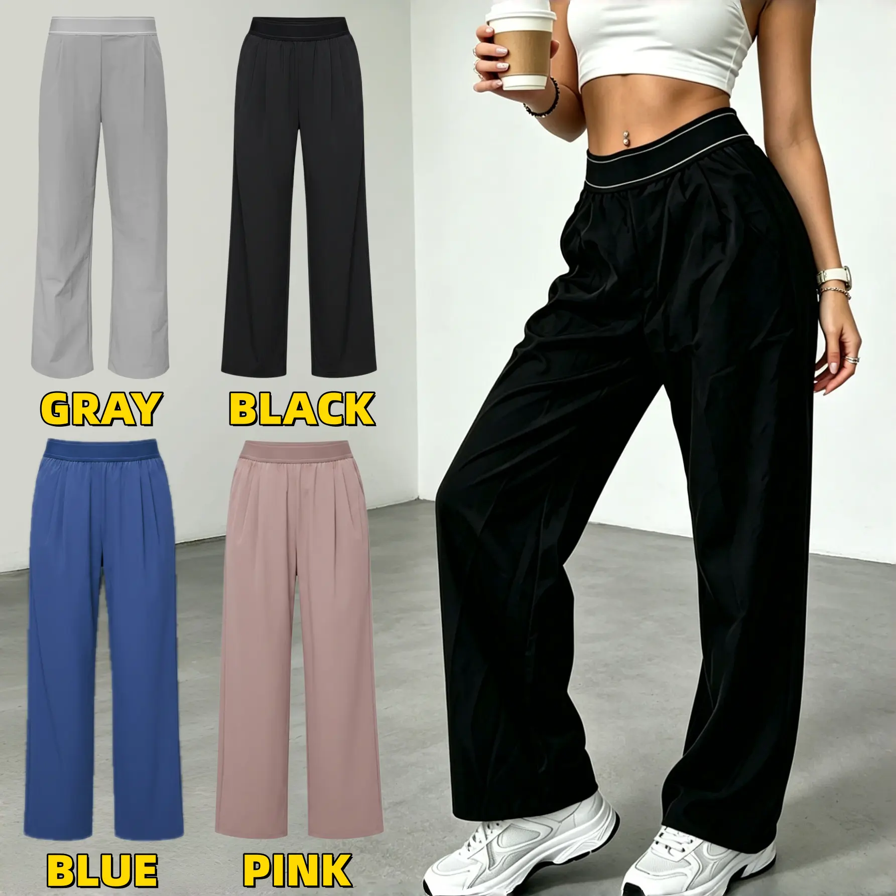 Women's 3PCS High-Waist Elastic Band Wide-Leg Pants - Lightweight, Quick-Dry, Breathable Loose Straight Trousers with Pockets for Casual Athletic Workout