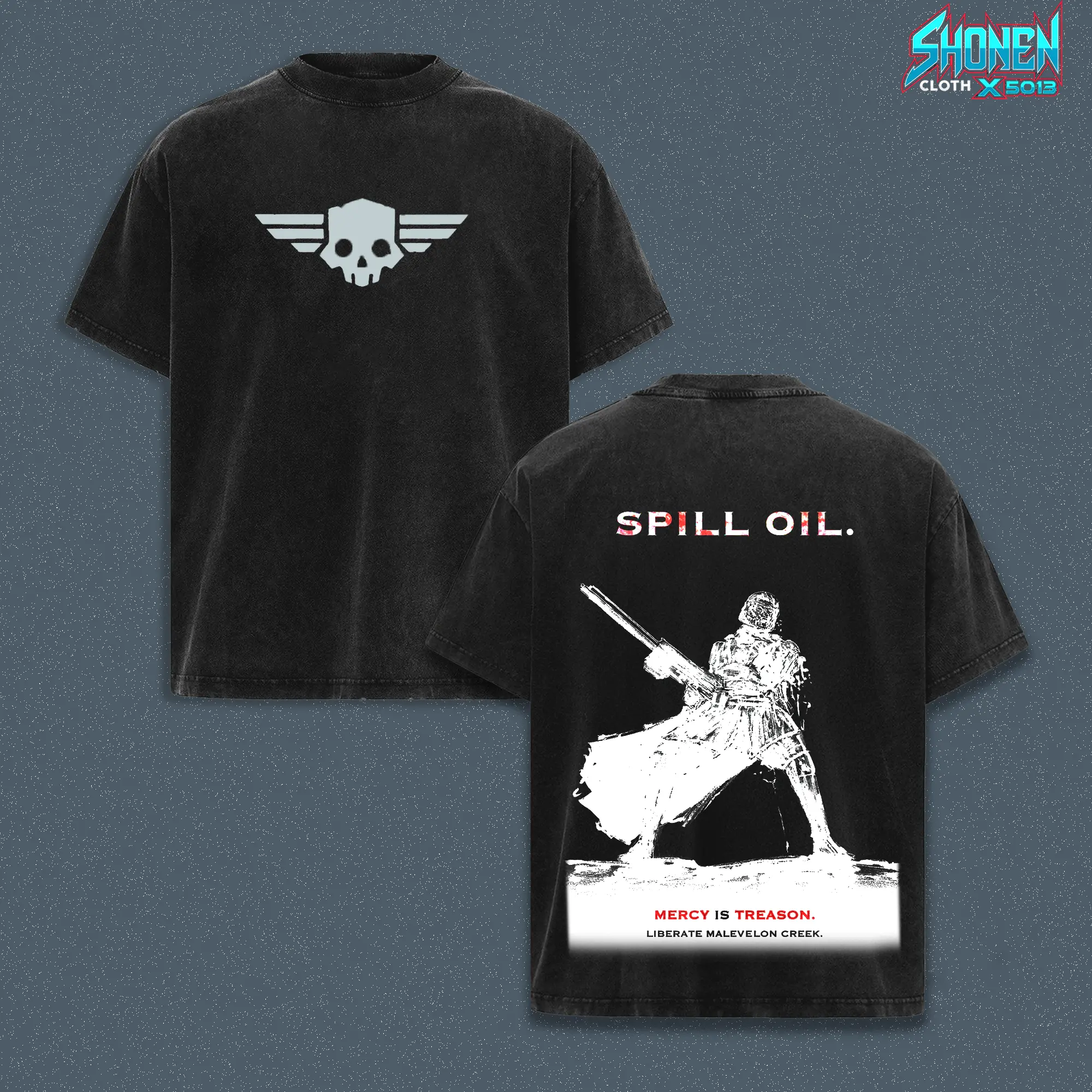 Helldivers 2 2-Sided Printed Graphic Shirt, Spill Oil Automaton Front Retro Washed T-Shirt Oversized Fit, Premium Heavyweight 240gsm Cotton Tee, Super Earth Galactic War Merch Urban Apparel