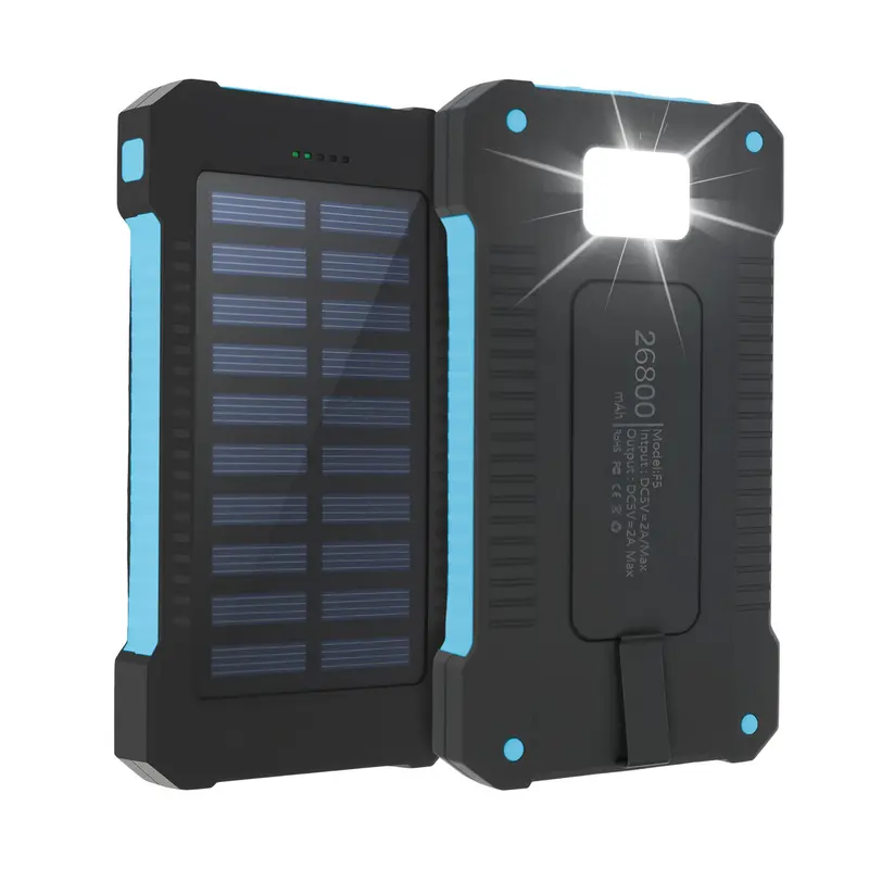 26800mAh Solar Power Bank - 3-in-1 Mobile Smartphone Charger, Rainproof Shockproof Outdoor USB-A Portable Charger with Solar+Flash LED Flashlight, Compass, Carabiner, 5V/2A Fast Charging, Micro USB, 24-Month EDC Gear Travel Essential