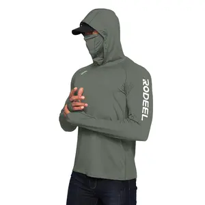 RODEEL 936 Sun Hoodie Shirts with UV Detection, Men UPF 100+ Sun Protection Long Sleeve Lightweight Quick Dry Moisture Wicking Breathable Activewear w/ Mask Neck Gaiter, Thumbhole, for Outdoor Hiking Fishing Construction Roofing Landscaping summervibes