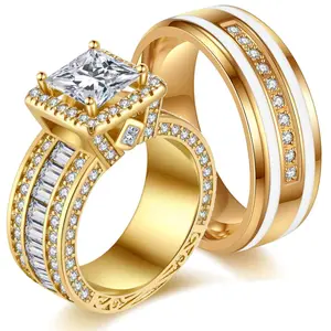 Ringcrown Couple Rings Matching Rings Princess Cut 1.5ct AAA CZ Yellow Gold Plated Women Wedding Ring For Him And Her Ring Sets Men Blue Titanium Steel Wedding Band