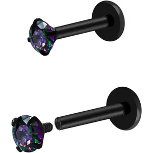16G 18G Titanium Internal Thread CZ Flat Back Stud Earrings Silver Black Tragus Helix Conch Cartilage Piercing Jewelry for Women Men 6mm 8mm 10mm Labret Studs 2PCS