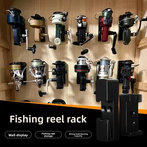 Fishing reel storage rack, perforated board accessory display stand, universal for baitcasting reels and spinning reels