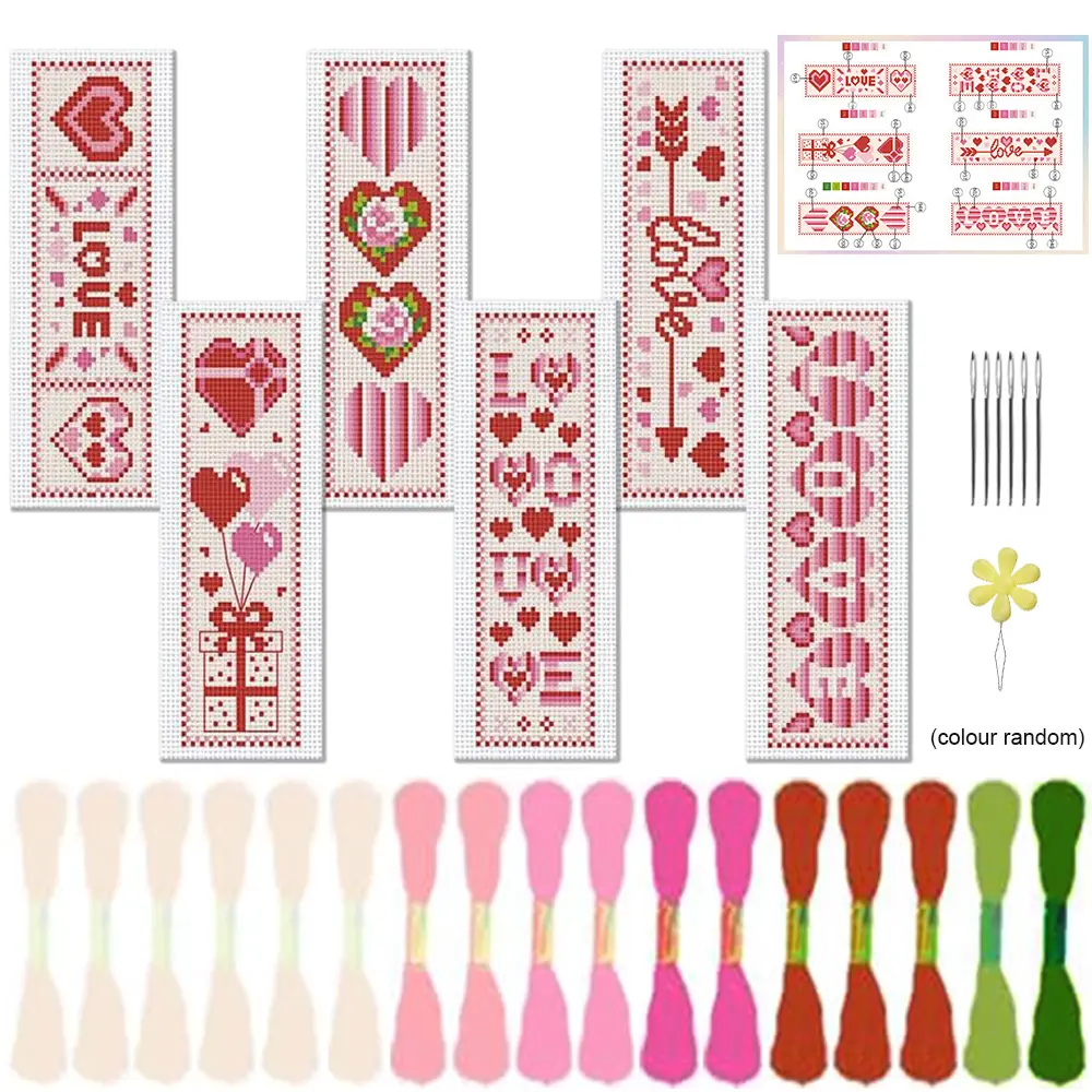 6counts romantic love themed cross stitch embroidery bookmark DIY handmade kit, Crafting Supplies - fabric bookmark with heart pattern - suitable for adult beginners and sewing enthusiasts - unique back to school season, couple anniversary gifts