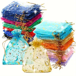 50pcs of Moon Star Sheer jewelry brushed mesh bags, various colors, fashionable wedding party candy packaging gift bags, Christmas and birthday holiday supplies, 7.01 * 8.99 cm, suitable for Eid al Fitr, Ramadan - jewelry production display