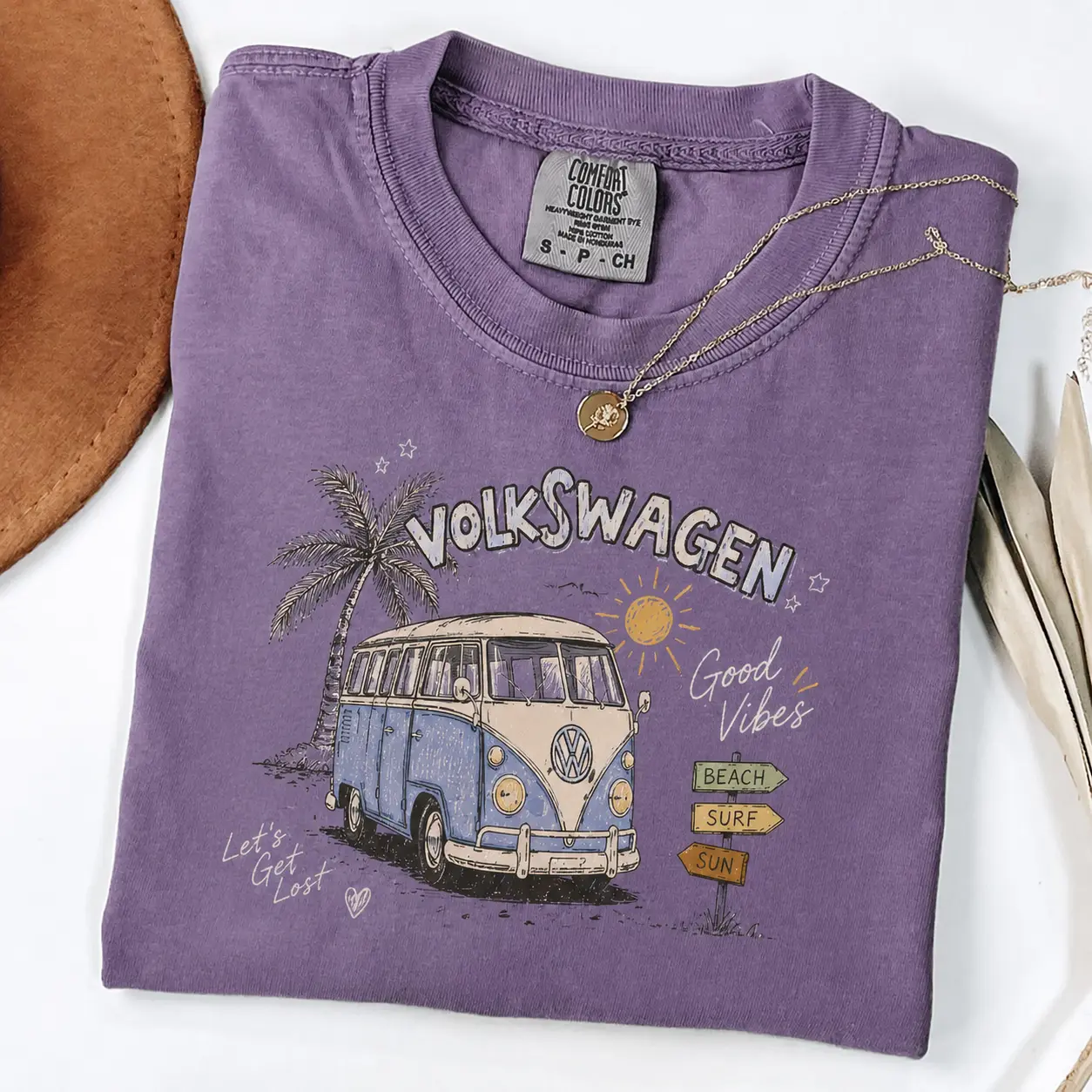 Volkswagen Comfort Colors T Shirt, Vintage VW Bus Graphic Tee, Retro Good Vibes Beach Surf Shirt, Classic Camper Road Trip Vacation Gift for Men and Women