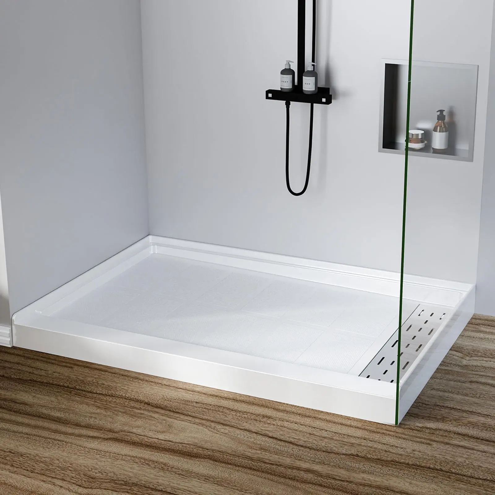 Garvee 48 x 32 Inch Fiberglass Reinforced Shower Base with Non-Slip Surface, Single Threshold, Center Drain, and Stainless Steel Cover – Durable Shower Pan Kit for Bathroom or RV Installation