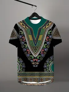 African Dashiki Traditional Print Short Sleeve T-Shirt, Men's Vintage Ethnic Loose Fit Casual Top, All Seasons Sporty Style