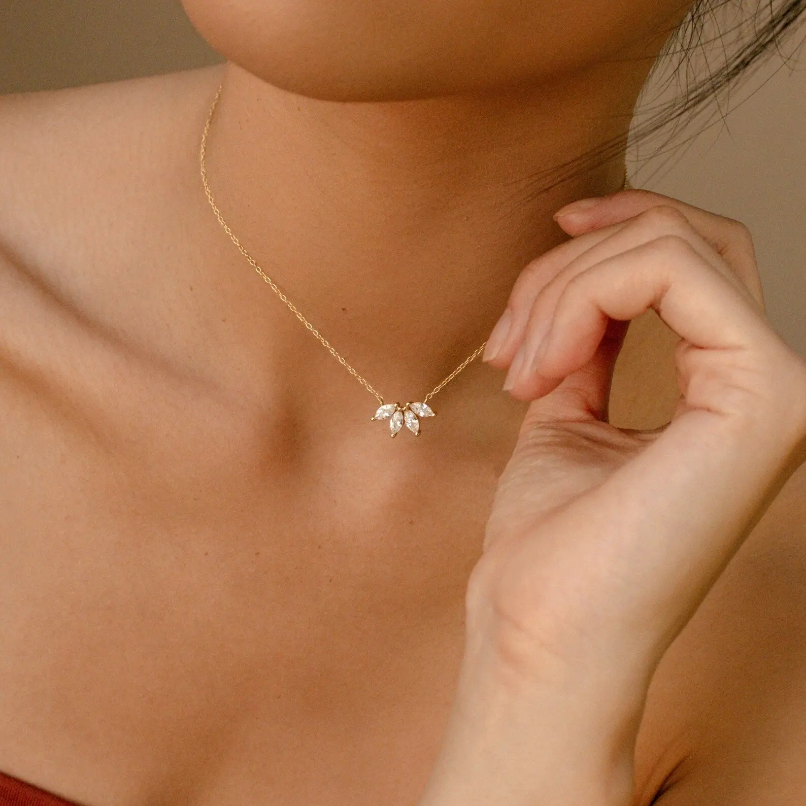 Marquise Diamond Necklace by Caitlyn Minimalist - Dainty Floral Crystal Charm Necklace in Gold & Silver - Wedding Jewelry - Bridal Shower Gift