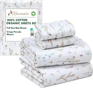 RUVANTI 100% Cotton Organic Percale Sheets Full Size – Crisp Cooling Bed Sheets for Hot Sleepers, Deep Pocket 15”, Soft Peach Finish, Breathable & Durable Hotel-Style 4 Pcs, Field Flower