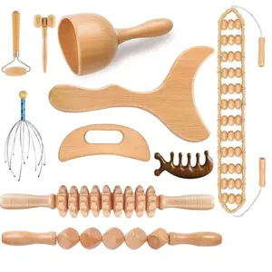 Wooden Massage Tools Set 10 pcs Full Body Massager for Athletes Office Workers Maderoterapia Cup Gua Sha Roller Stick Crescent Head Facial Mini Hammer Professional Therapy Kit