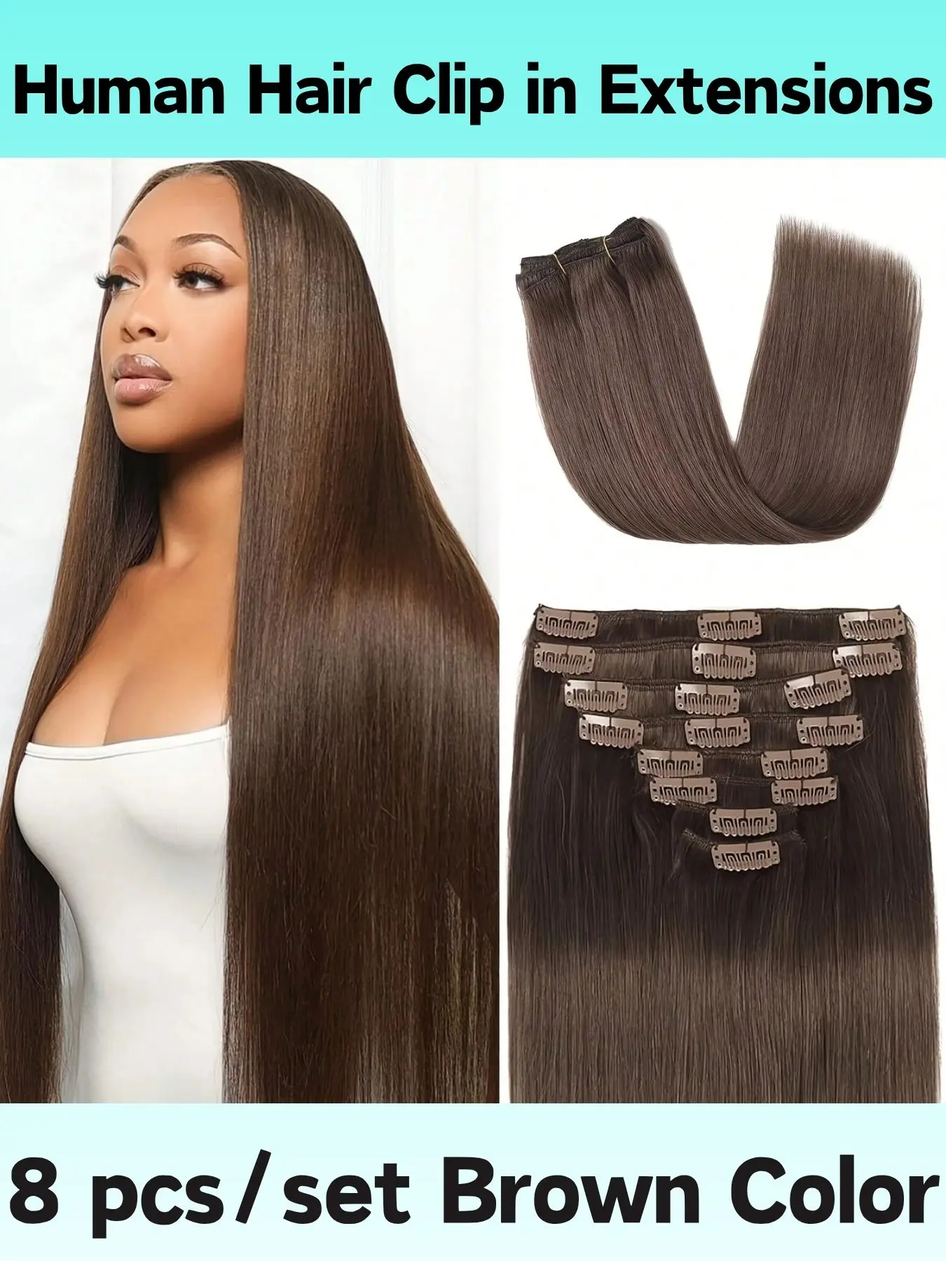 24 Inch Clip In Human Hair Extensions Double Weft 8pcs Seamless 8pcs Remy Human Hair Extensions Clip Ins - Long Straight  main image 2