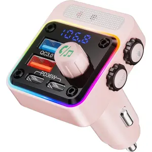 54W Bluetooth 5.3 Car Adapter with 4 Charging Ports [PD 36W & QC3.0 18W], Wireless Radio FM Transmitter with Deep Bass Player & 5 Colors LED Backlit, Hands-Free Calling - Pink