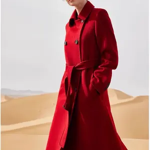 Bold & Elegant Classic Red Wool Trench Coat with Ruffle Collar Detail, Flattering Waist Tie Belt, and Double-Breasted Button Design - Chic