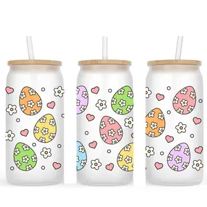 Daisy Easter Eggs Frosted Glass Cup With Bamboo Lid and Reusable Straw. Sizes 16oz or 20oz Available.