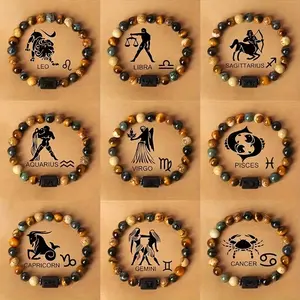 Unisex Stylish Zodiac Sign Natural Stone Beaded Bracelets - Unique Prayer & Blessing Fashion Accessory, Ideal Birthday Gift for Couples