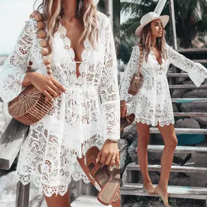 Lace Bathing Suit Cover Up Boho Beach Women Maxi Bikini Sundress Dress Summer US White Elegant V Neck