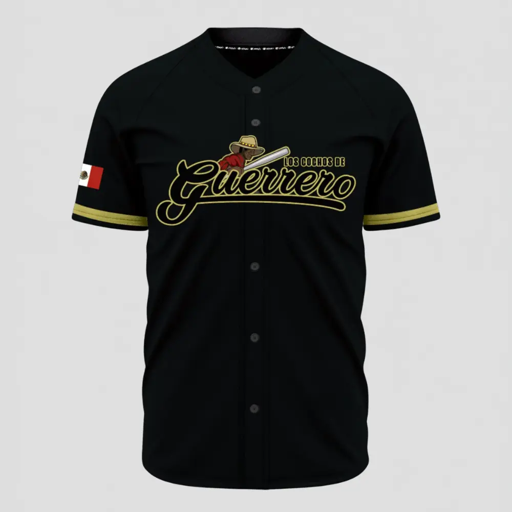 Los Cochos de Guerrero Baseball Jersey – Mexico Heritage Button-Up Sports Shirt, Sombrero Mascot Graphic Athletic Jersey, Breathable Mesh Baseball Top, Casual Fan Apparel Gift for Men & Women