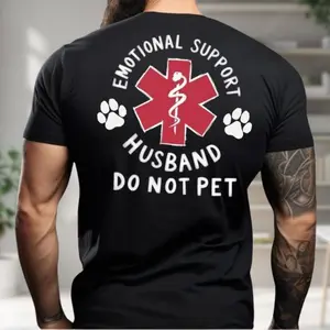 100% Cotton Tee Custom Emotional Support Husband Shirt, Funny Do Not Pet Medical Symbol  For Spouses, Gift For Husband Boyfriend Him Men's Round Neck Short-Sleeved  Breathable  with Look Comfy Sleeve T-shirt